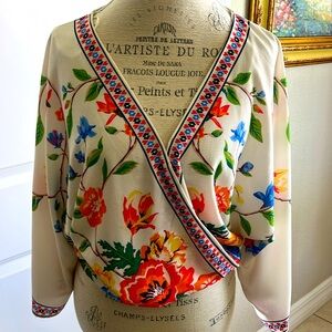 Anthropologie Crop Top Flying Tomato vibrant Boho Floral Blouse Kimono Sleeves M